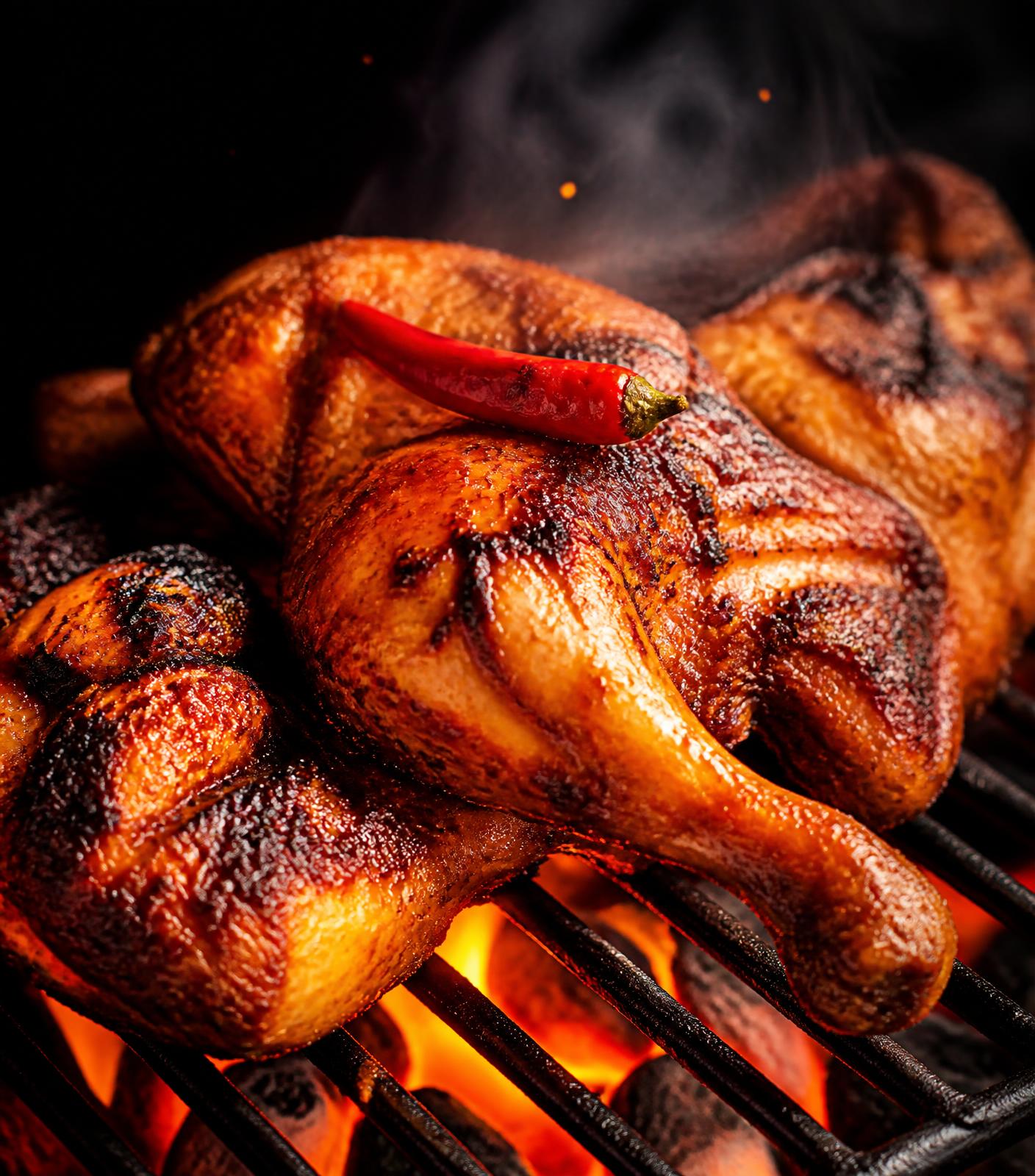 Whole peri peri chicken charring over open charcoal flames