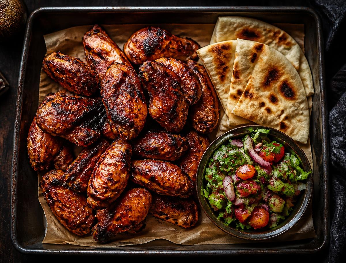 Tray of charcoal grilled wings with warm pita bread and salad